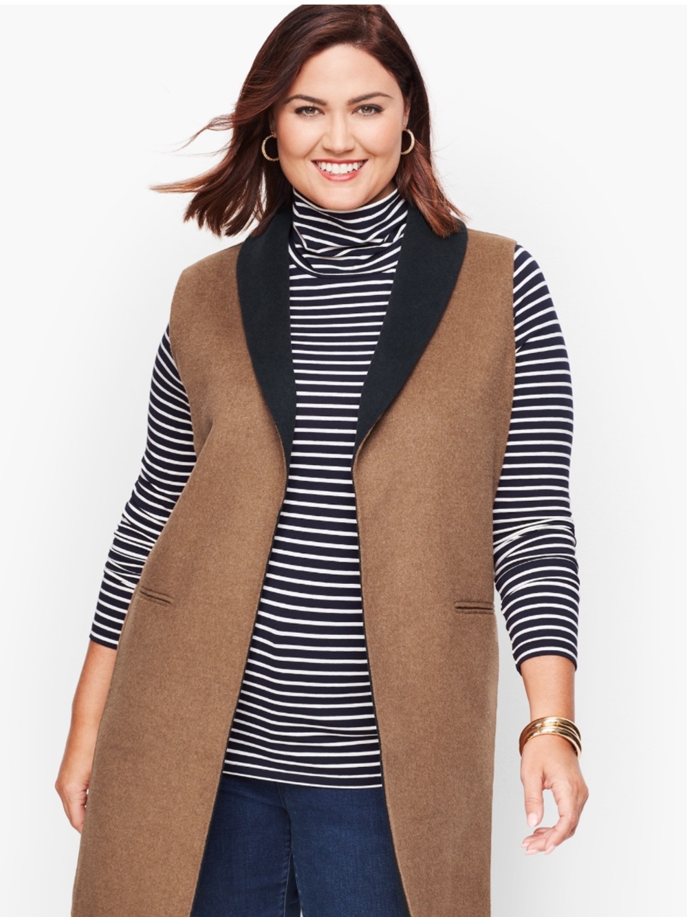 Talbots Wool Blend Camel & Navy Open Front Vest